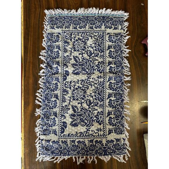 Vintage Blue Floral Woven Table Runner with Fringe - Picture 1 of 6